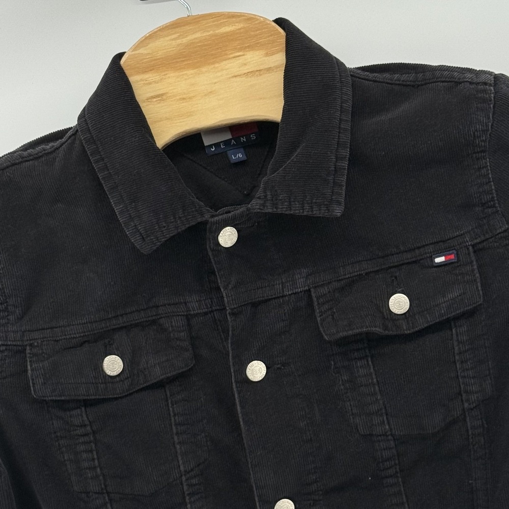 Vinatage Tommy Jeans Jacket Large Black Corduroy Button Up Trucker Retro 2000s